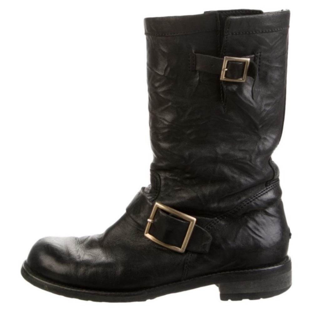Jimmy Choo Black Leather Mid-Calf Moto Boots with Buckle Straps